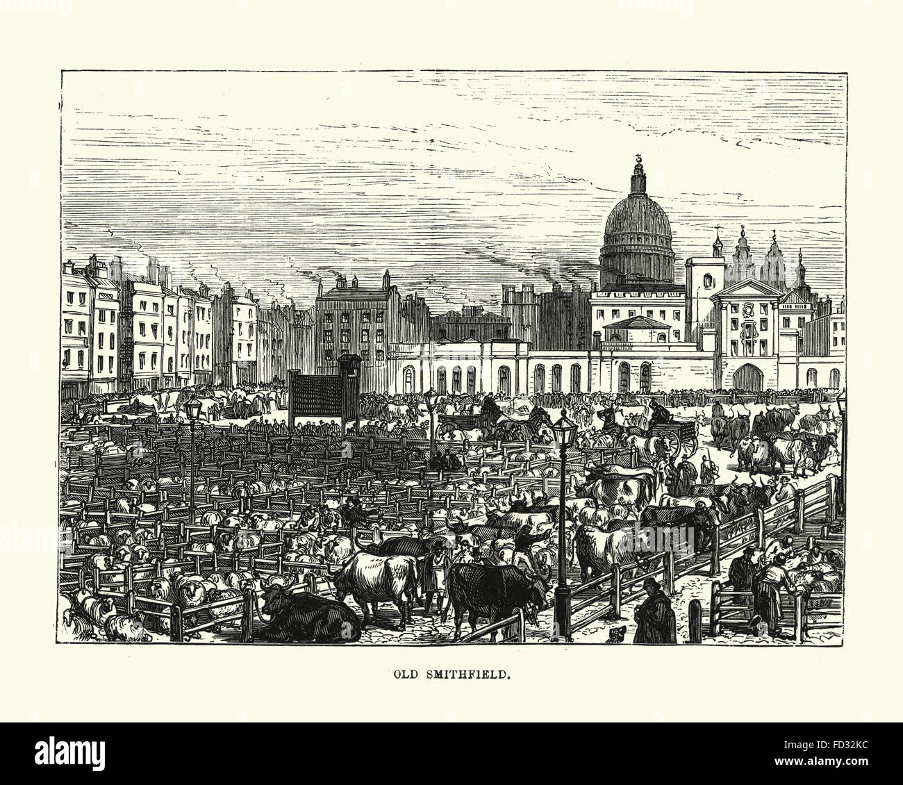 Vintage incisione di carne di Smithfield Market, Londra, Inghilterra. 1893. Foto Stock