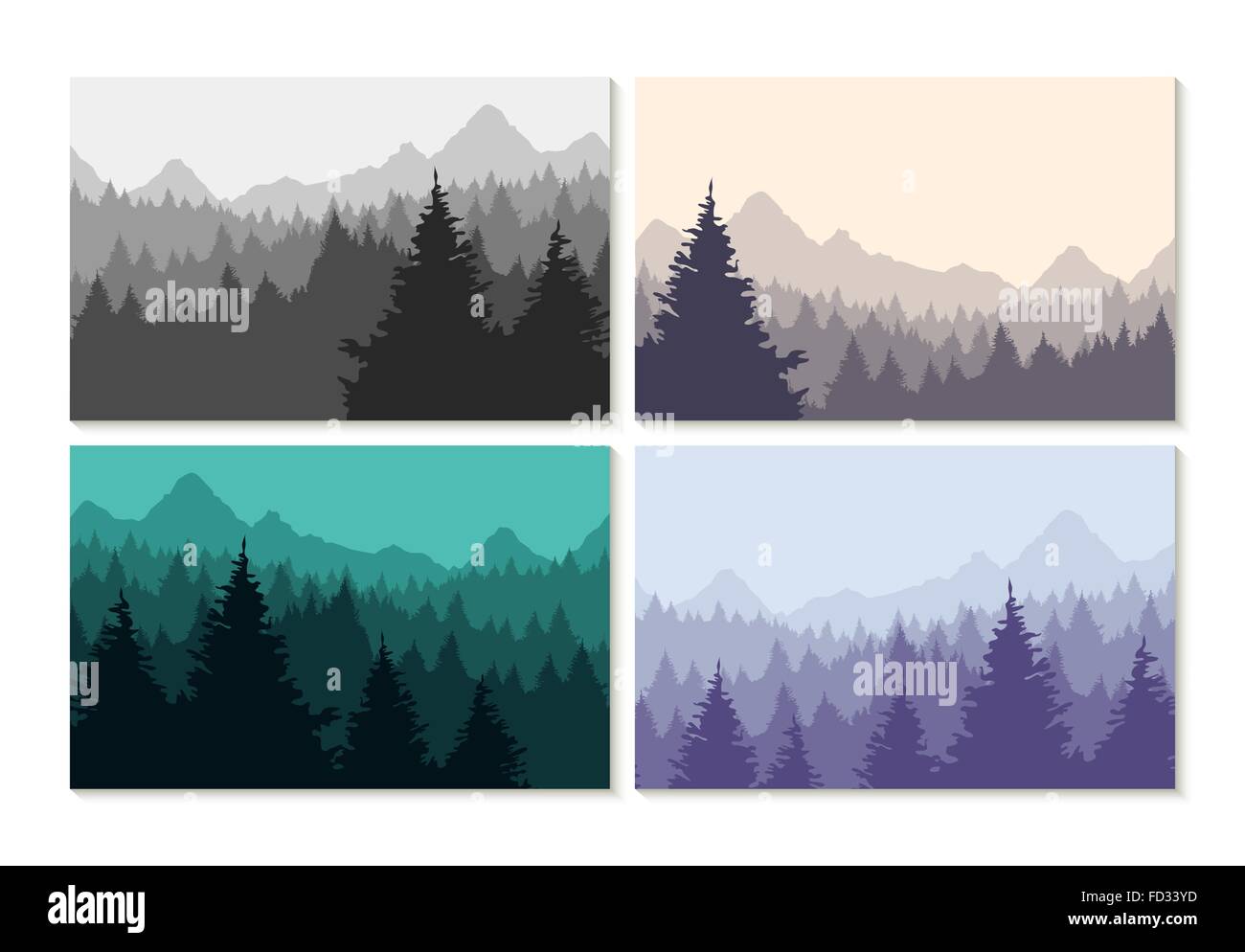 In inverno la foresta e la montagna paesaggio set silhouette, concetto natura illustrazioni. EPS10 vettore. Illustrazione Vettoriale