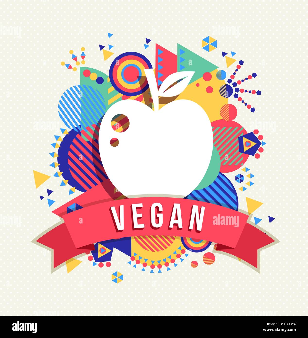 Vegano icona apple concept design con etichetta di testo colorato e forma la geometria dello sfondo. EPS10 vettore. Illustrazione Vettoriale