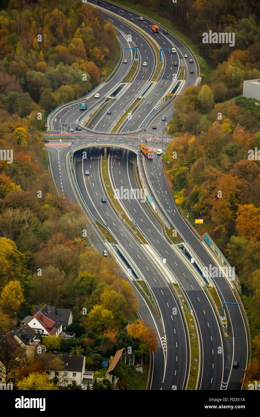 Vista aerea, inner city autostrada Donetsk-ring per via navigabile, bridge, autostrada, Bochum, la zona della Ruhr, Renania settentrionale-Vestfalia, Germania, Foto Stock