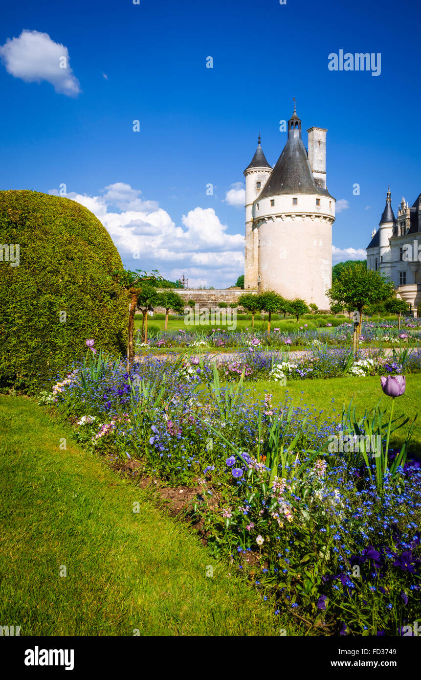 La Torre Marques e giardino, Chateau de Chenonceau, Chenonceaux, Valle della Loira, Francia Foto Stock