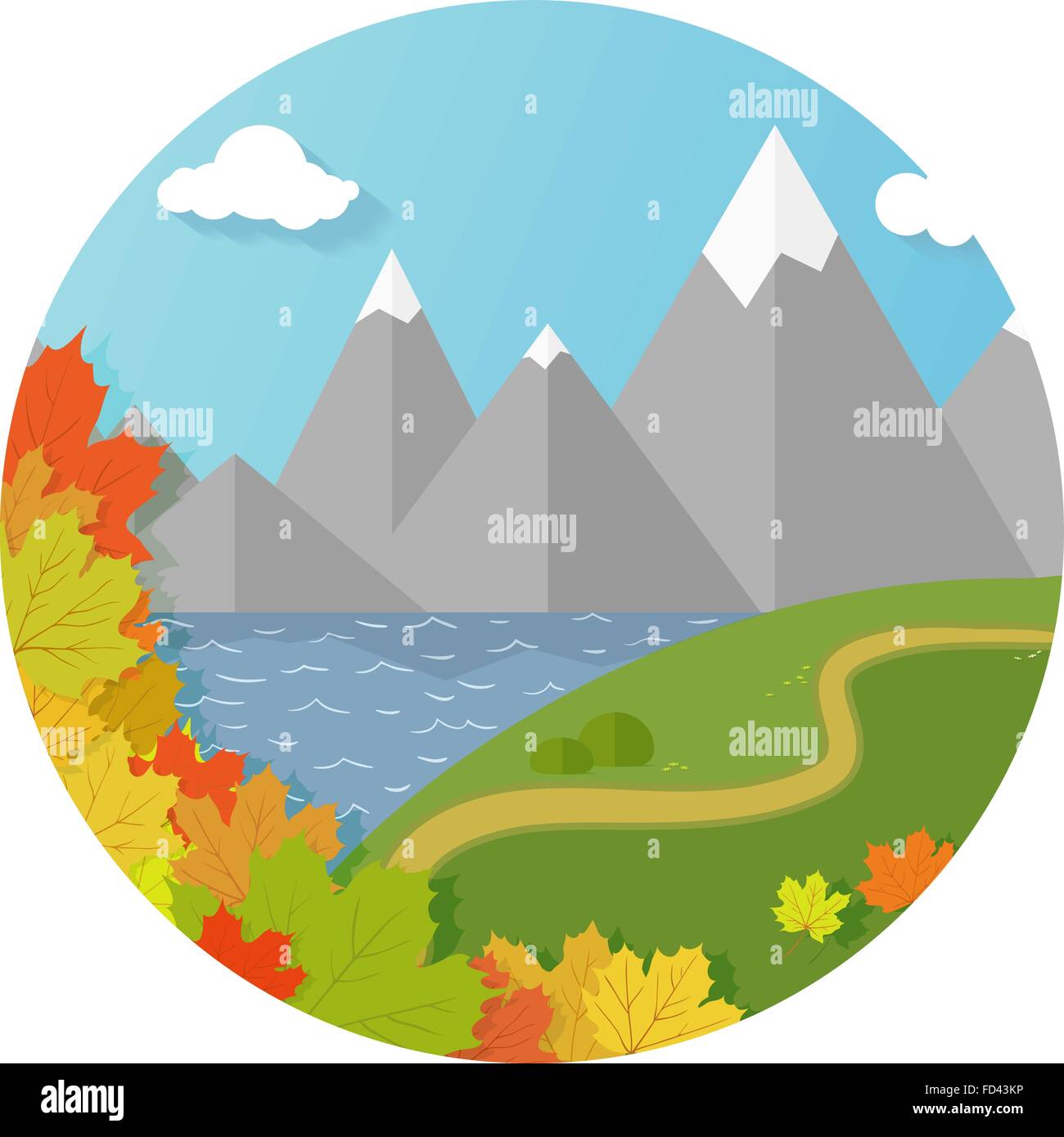 Vettore di round flat autunno Montagne Paesaggio con foglie di acero Illustrazione Vettoriale