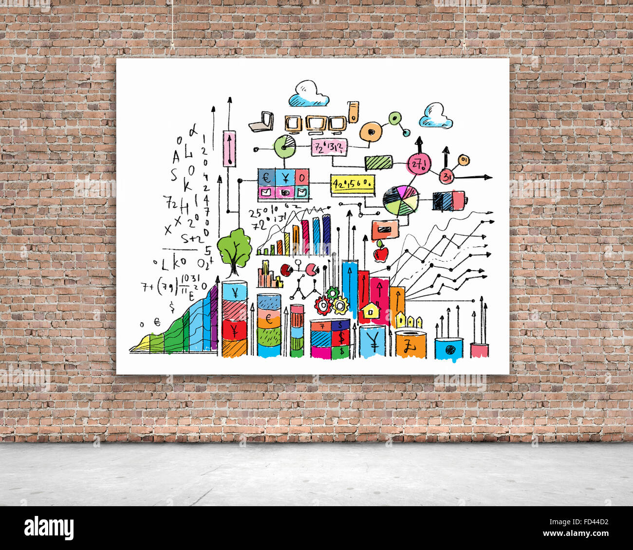 Banner appesi con business plan, grafici e diagrammi Foto Stock