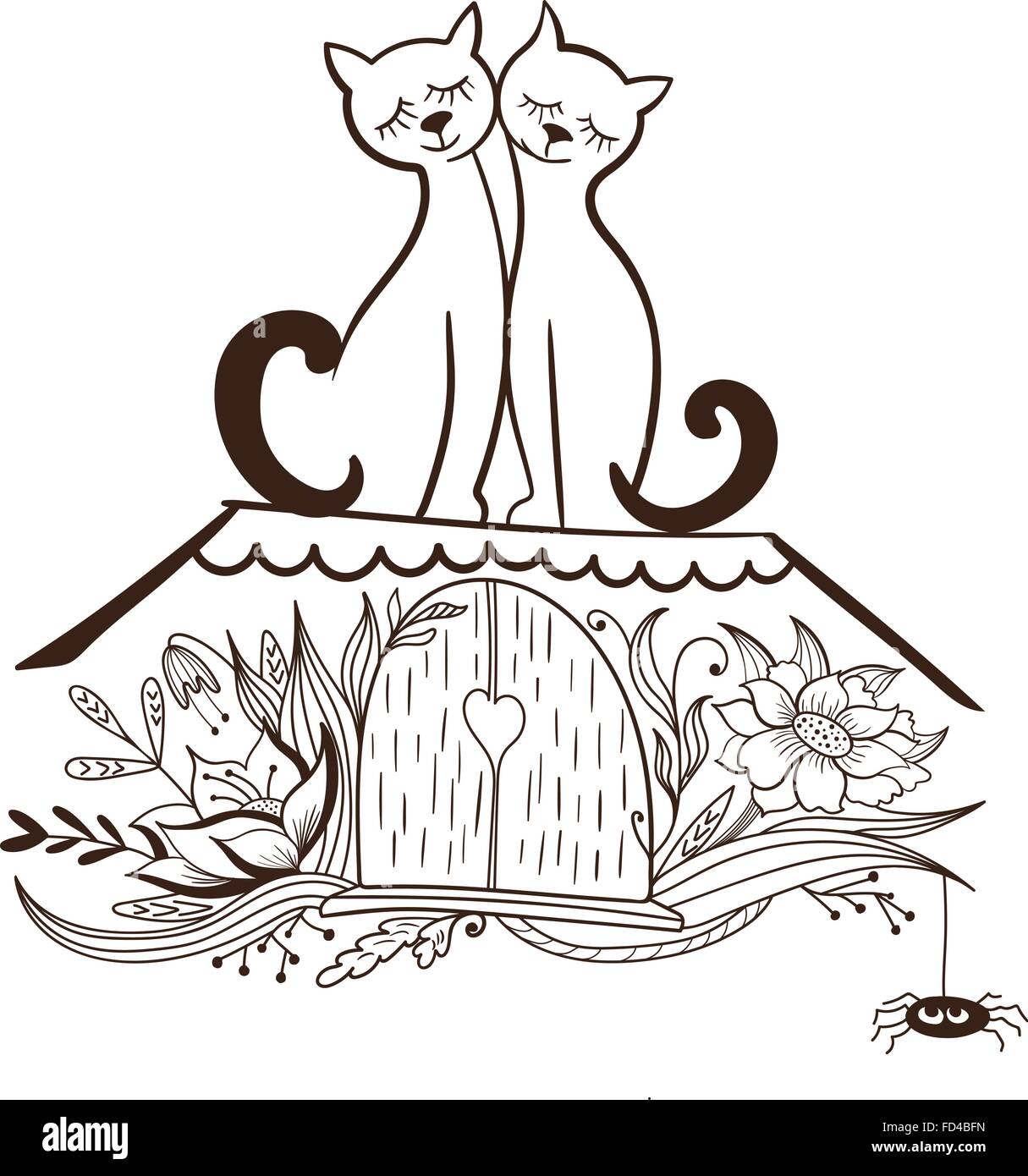 Immagine in bianco e nero illustrazione di San Valentino con i gatti e finestra vintage a forma di cuore all'interno Illustrazione Vettoriale