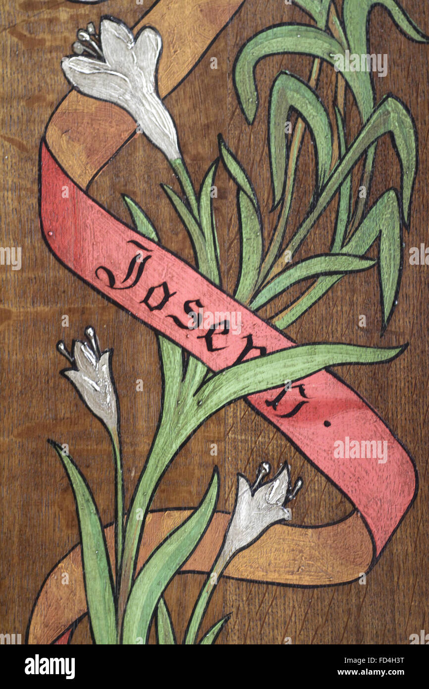 Disegno. Fiori e un nastro con il nome di Giuseppe scritto su di esso. Foto Stock