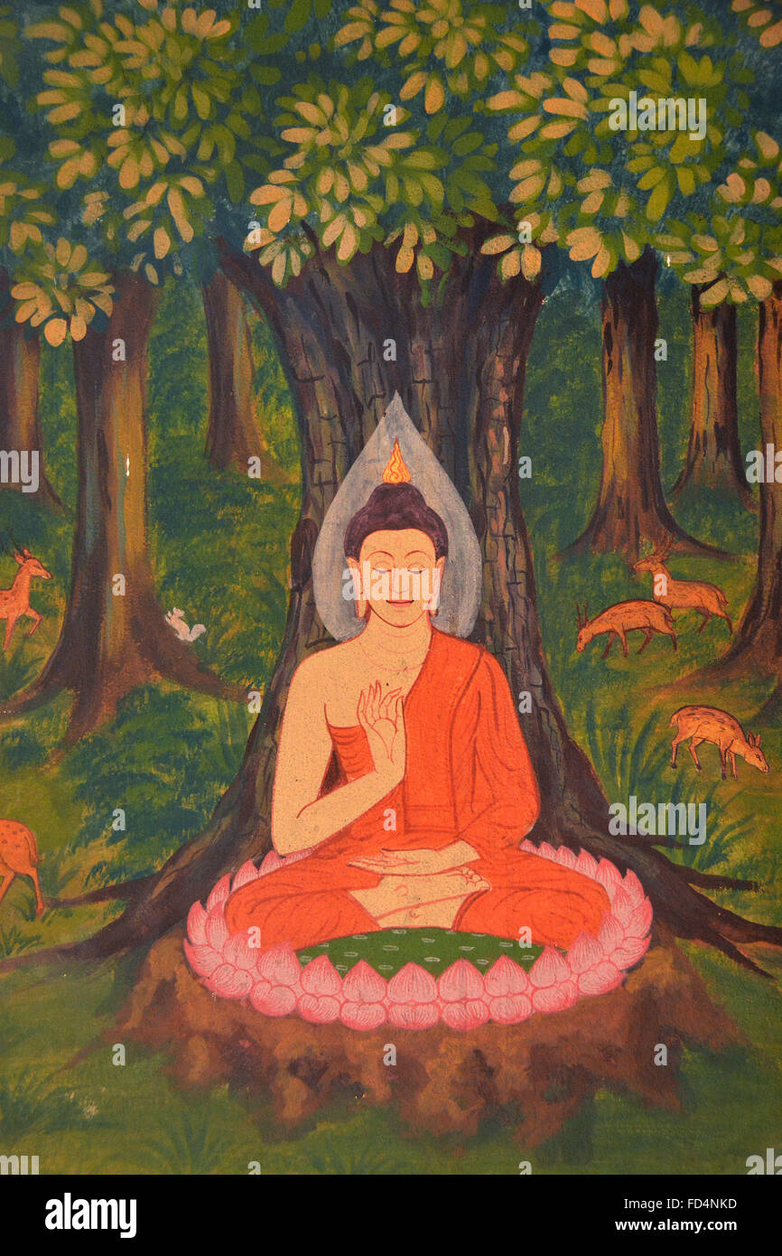 Pittura in wat Chanasongkhram Ratchaworamahawiharn. Il Buddha meditando sotto il bodhi tree. Foto Stock