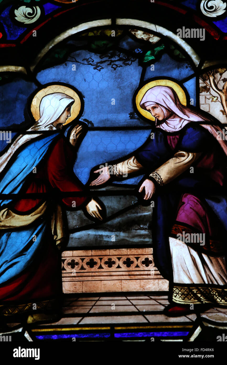 Notre-Dame-et-Saint-Arnoux cattedrale. Finestra di vetro colorato. La Visitazione : la visita di Maria ad Elisabetta come registrati in th Foto Stock