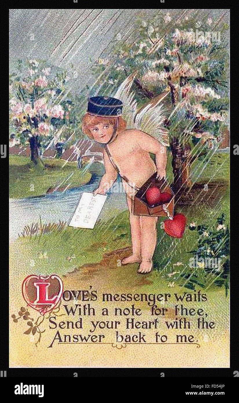 Vintage il giorno di San Valentino Cartolina - portalettere in caso di pioggia Foto Stock