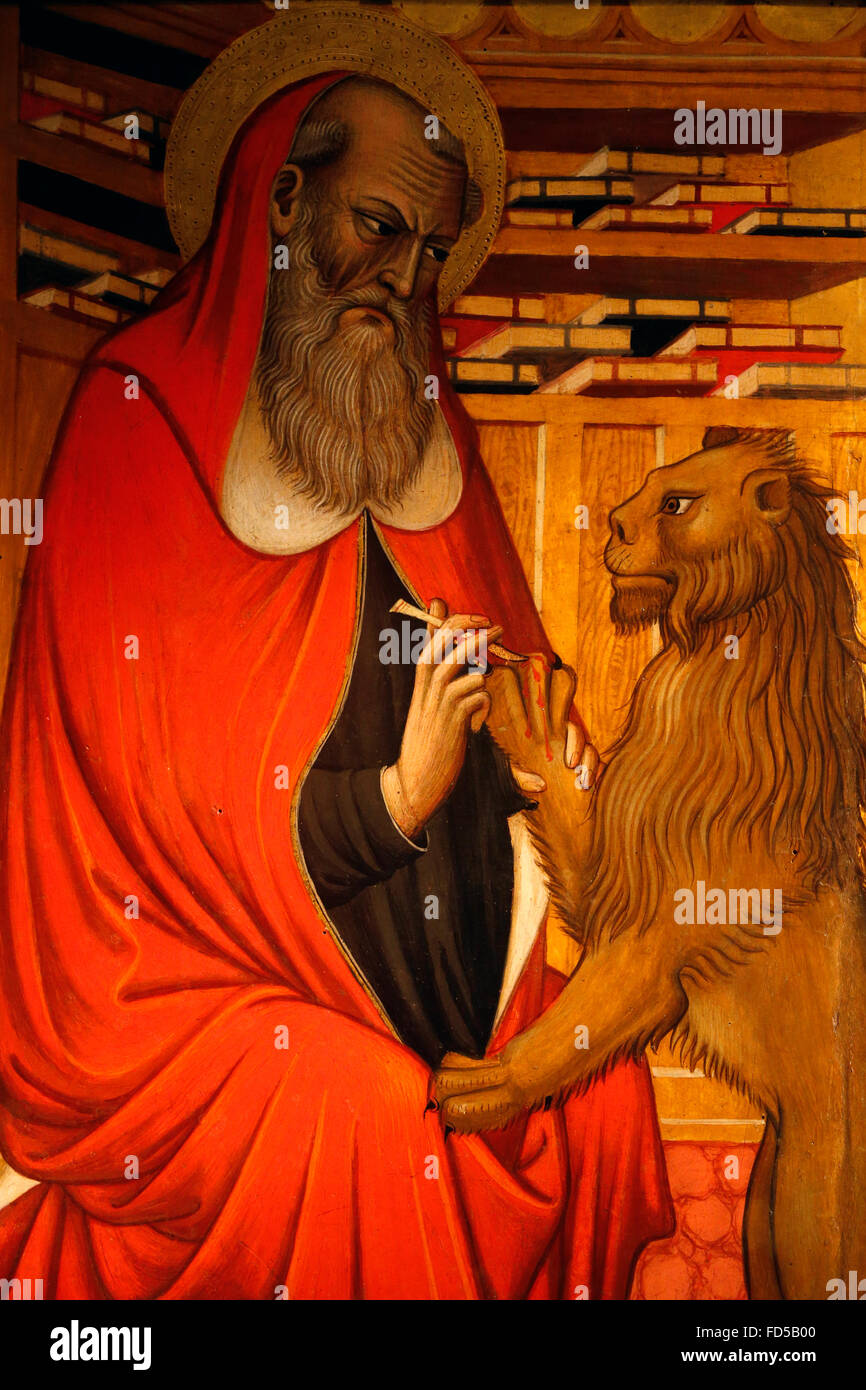 Galleria Nazionale di Bologna. Dettaglio di un polittico. Evangelista san Marco con il suo simbolo (Lion). Pietro di Giovanni Lianori, 1453. Foto Stock