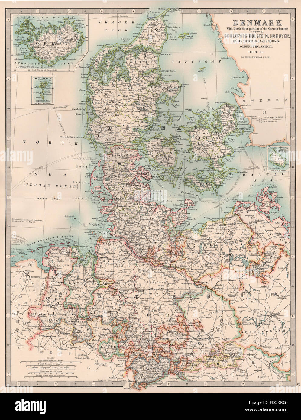 La Danimarca e la Germania settentrionale: Schleswig-Holstein Hannover Brunswick.JOHNSTON 1906 mappa Foto Stock