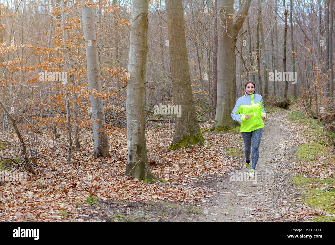 Attivo giovane donna jogging in un parco invernale che corre lungo un sentiero tra gli alberi verso la telecamera in un fitness e salute conce Foto Stock