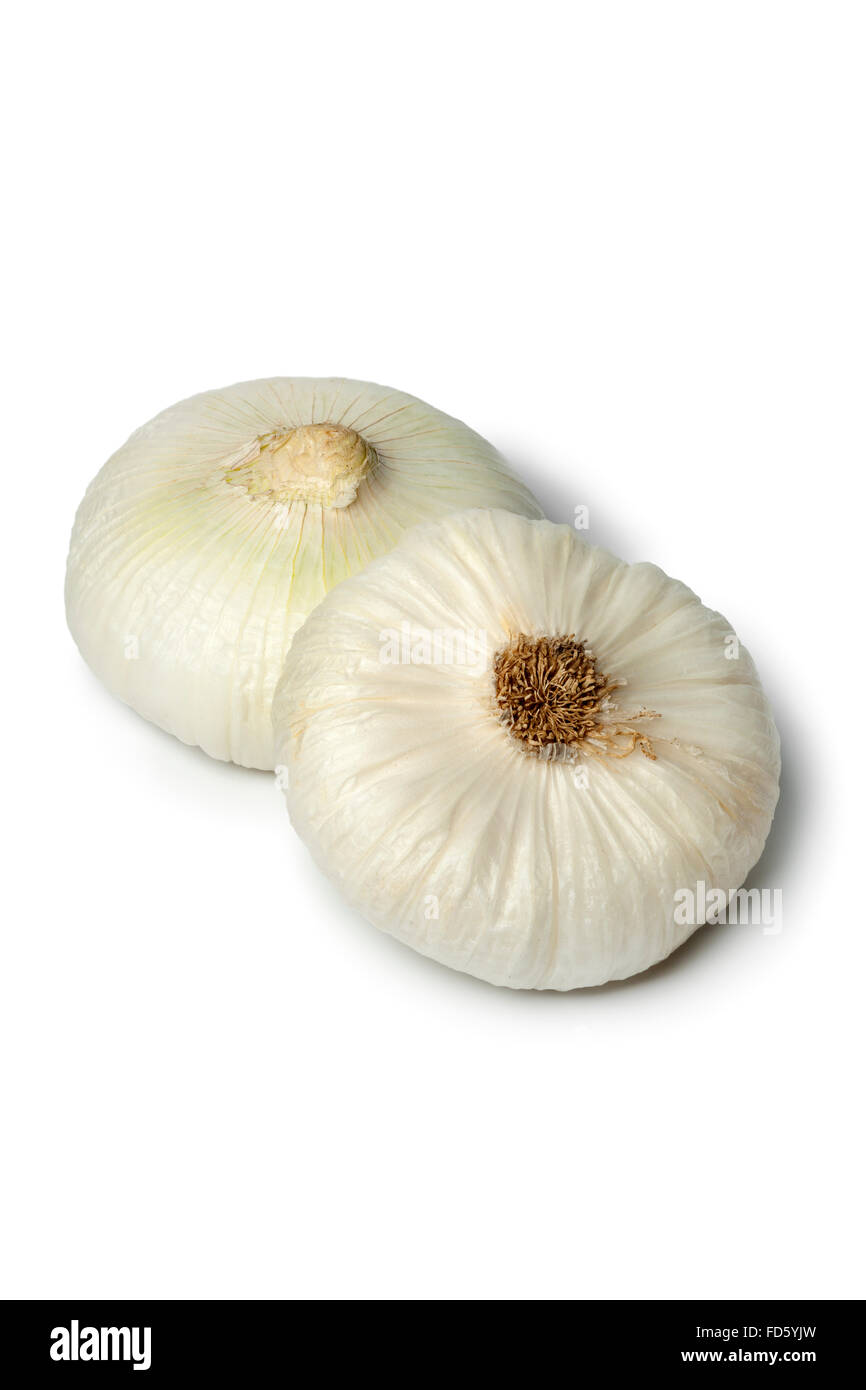 Piatto bianco dolce Cipolle su sfondo bianco Foto Stock