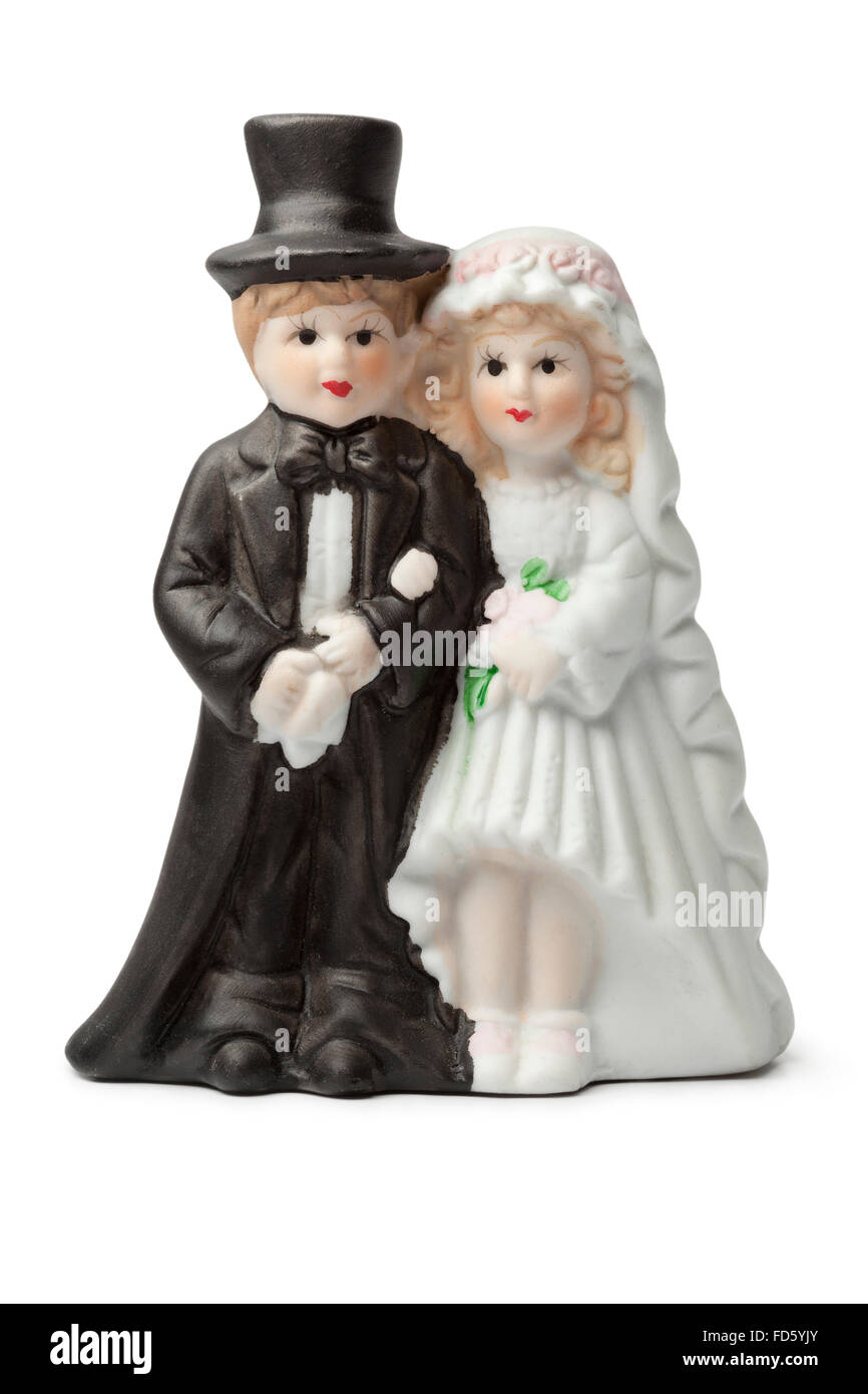 Il vecchio intonaco sposa e lo sposo cake topper isolati su sfondo bianco Foto Stock