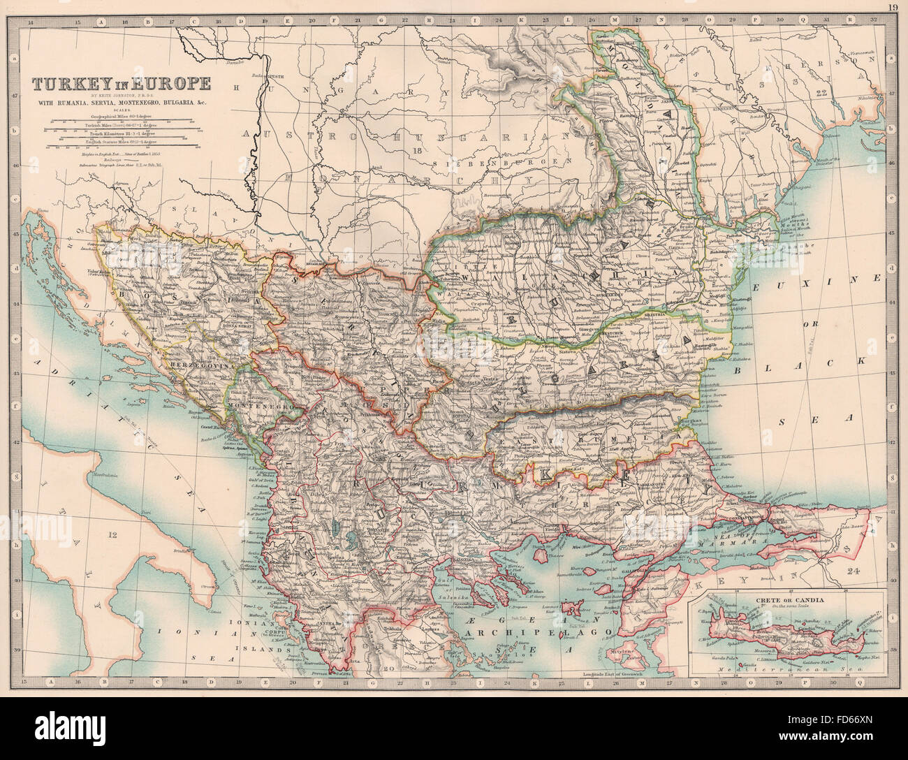 La TURCHIA IN EUROPA:Romania Servia Montenegro Bulgaria. Balcani. JOHNSTON, 1906 Mappa Foto Stock