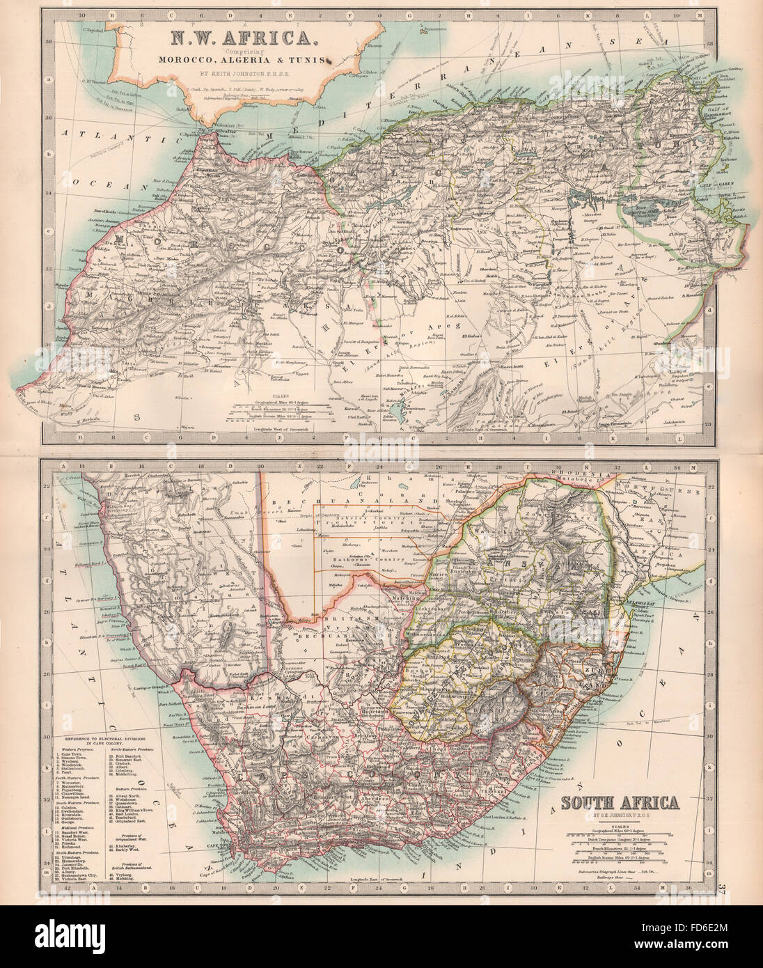 AFRICA NW & SUD: Maghreb. Cape Colony circoscrizioni elettorali. JOHNSTON, 1906 Mappa Foto Stock