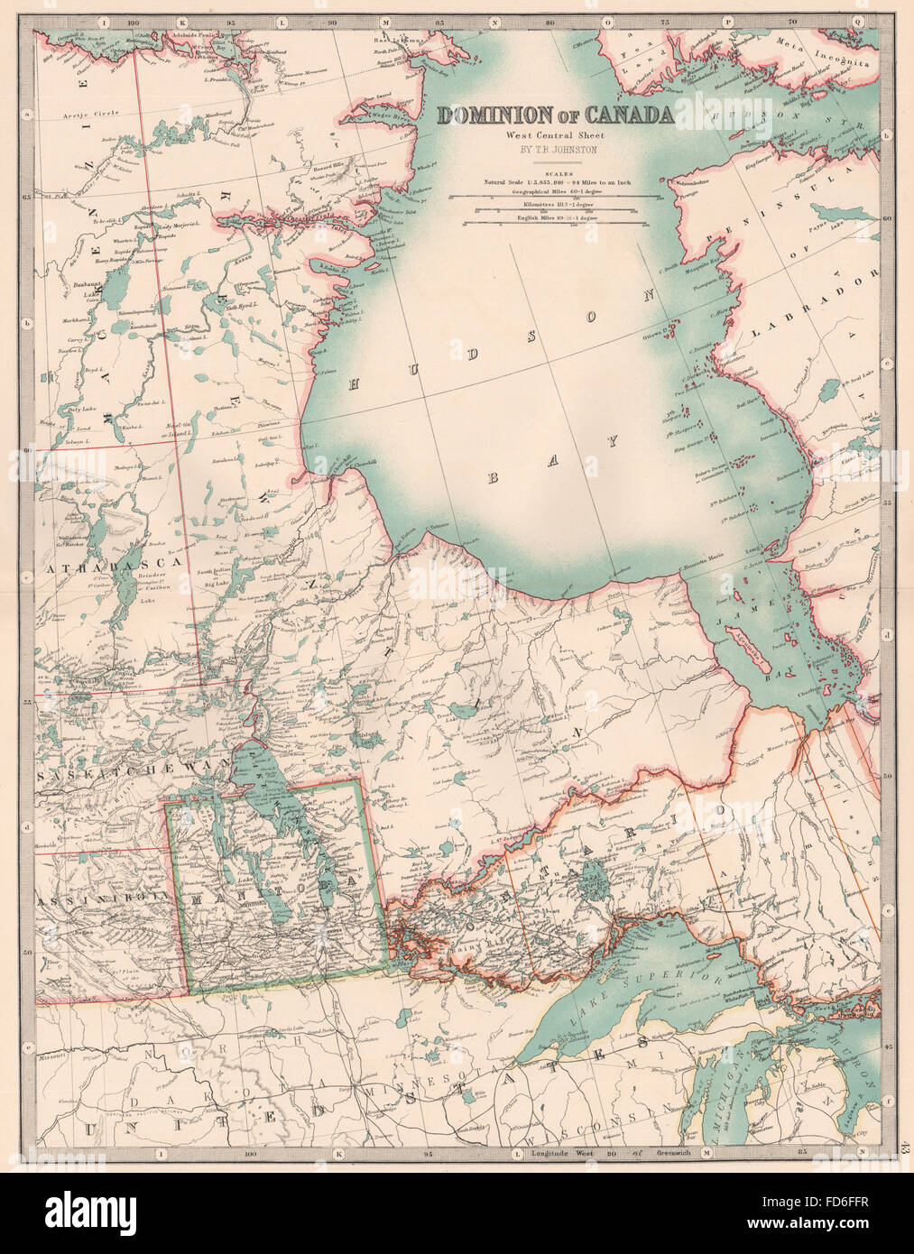 CANADA CENTRALE: Ontario superiore della Baia di Hudson Manitoba Keewatin. JOHNSTON, 1906 Mappa Foto Stock