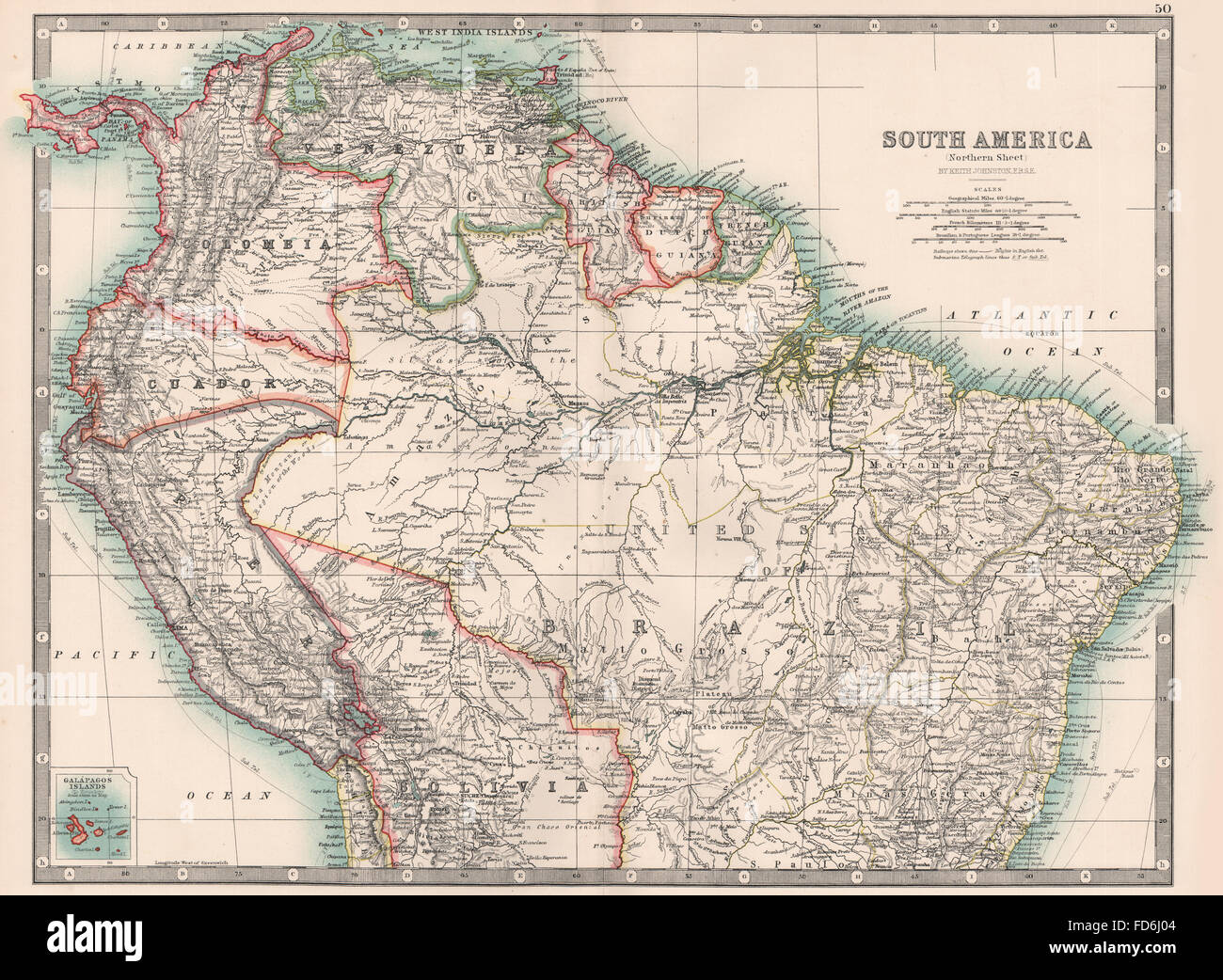 Sud America nord:Brasile Perù Ecuador Colombia Venezuela.Johnston, 1906 Mappa Foto Stock