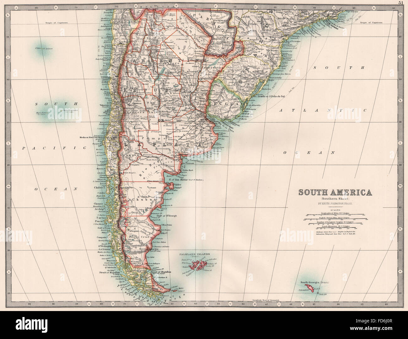 Sud America sud: Chile Argentina Paraguay Uruguay. JOHNSTON, 1906 Mappa Foto Stock