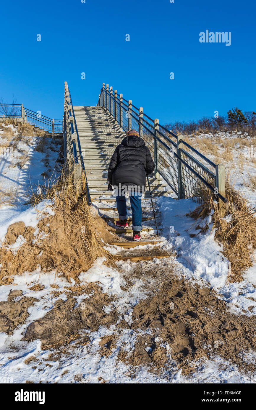 Una scalinata che conduce alla spiaggia in inverno nel tumulo di Rosy Area naturale lungo il lago Michigan shore, Michigan, Stati Uniti d'America Foto Stock