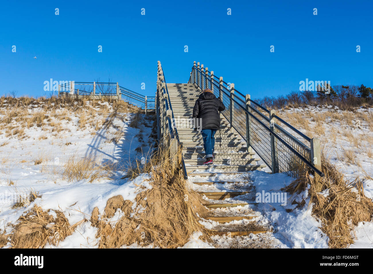 Una scalinata che conduce alla spiaggia in inverno nel tumulo di Rosy Area naturale lungo il lago Michigan shore, Michigan, Stati Uniti d'America Foto Stock