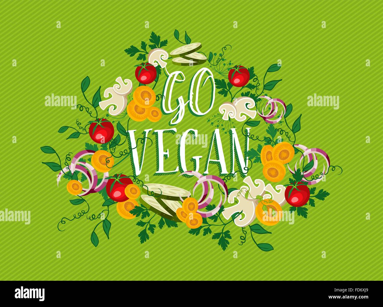 Go vegan, food concept illustrazione con verdure crude e gli elementi della natura. EPS10 vettore. Illustrazione Vettoriale