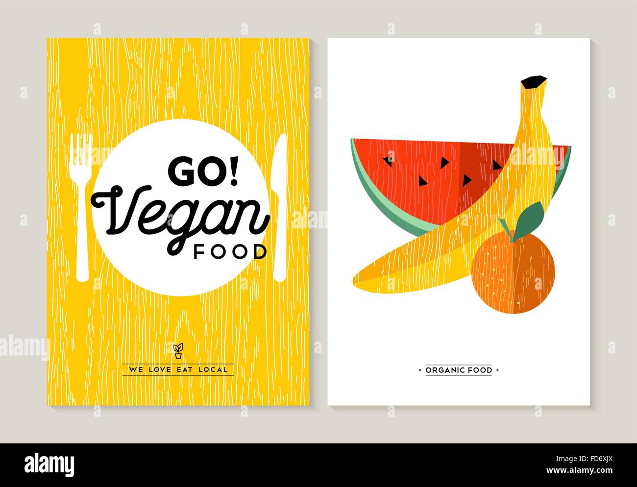 Cibo Vegan concept design piatto per mangiare sano. Frutti colorati illustrazione e arnese da cucina elementi. EPS10 vettore. Illustrazione Vettoriale