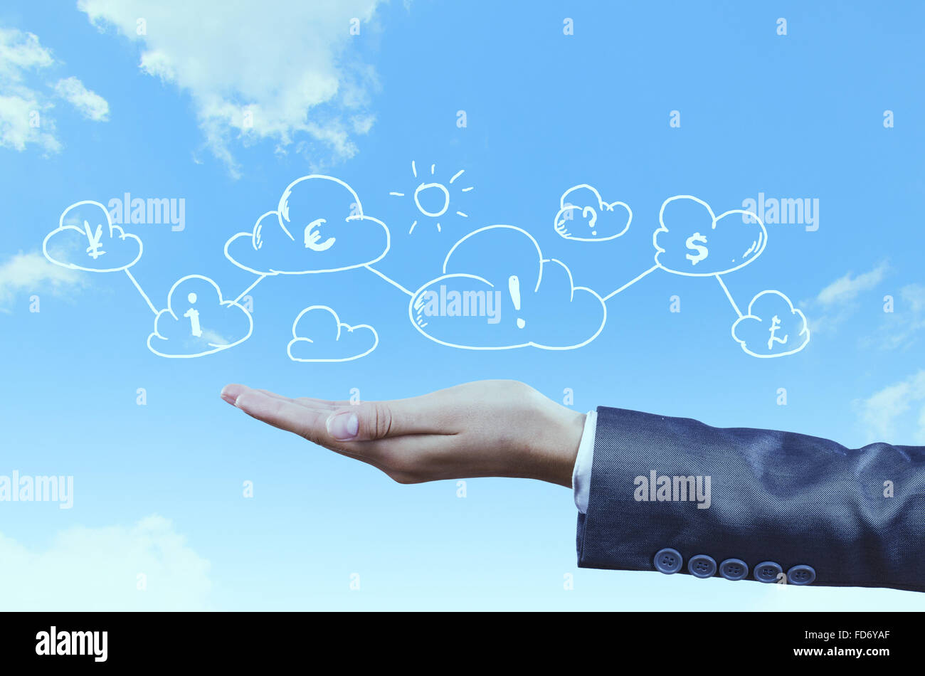 Stretta di mano imprenditore e simboli di business Foto Stock