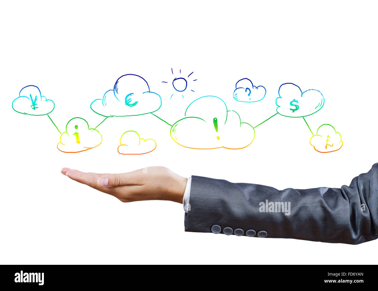 Stretta di mano imprenditore e simboli di business Foto Stock