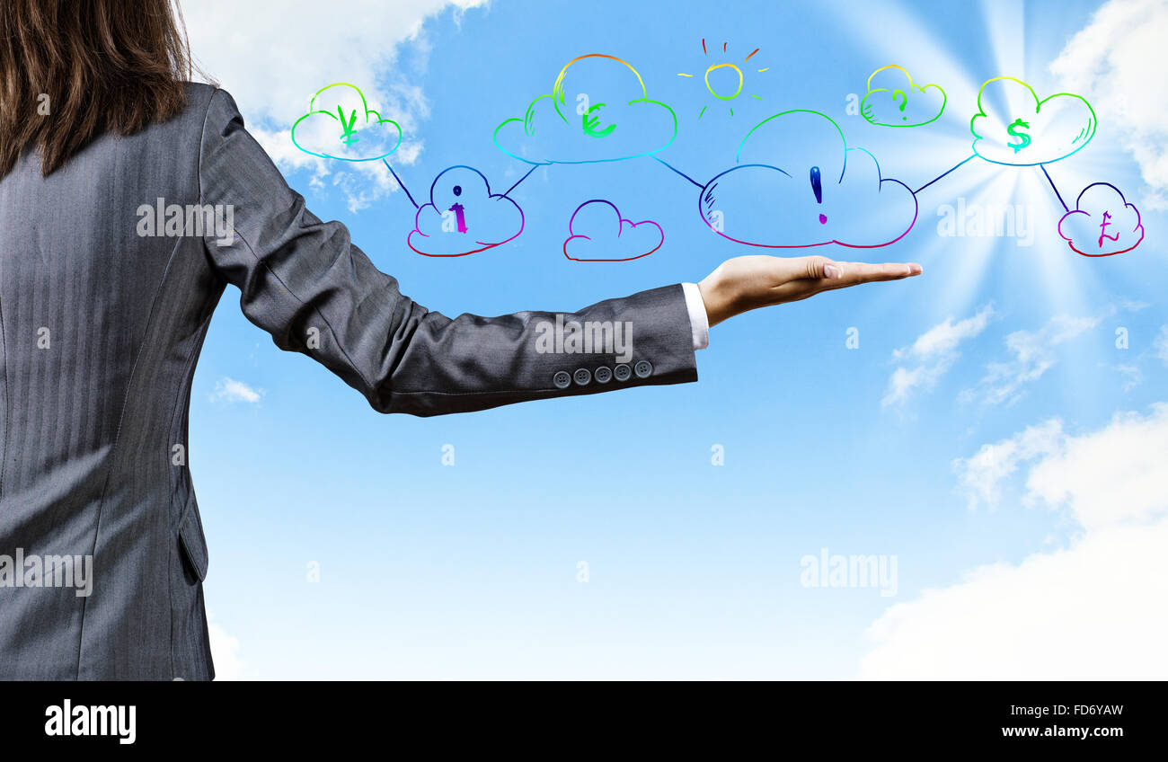 Stretta di mano imprenditore e simboli di business Foto Stock