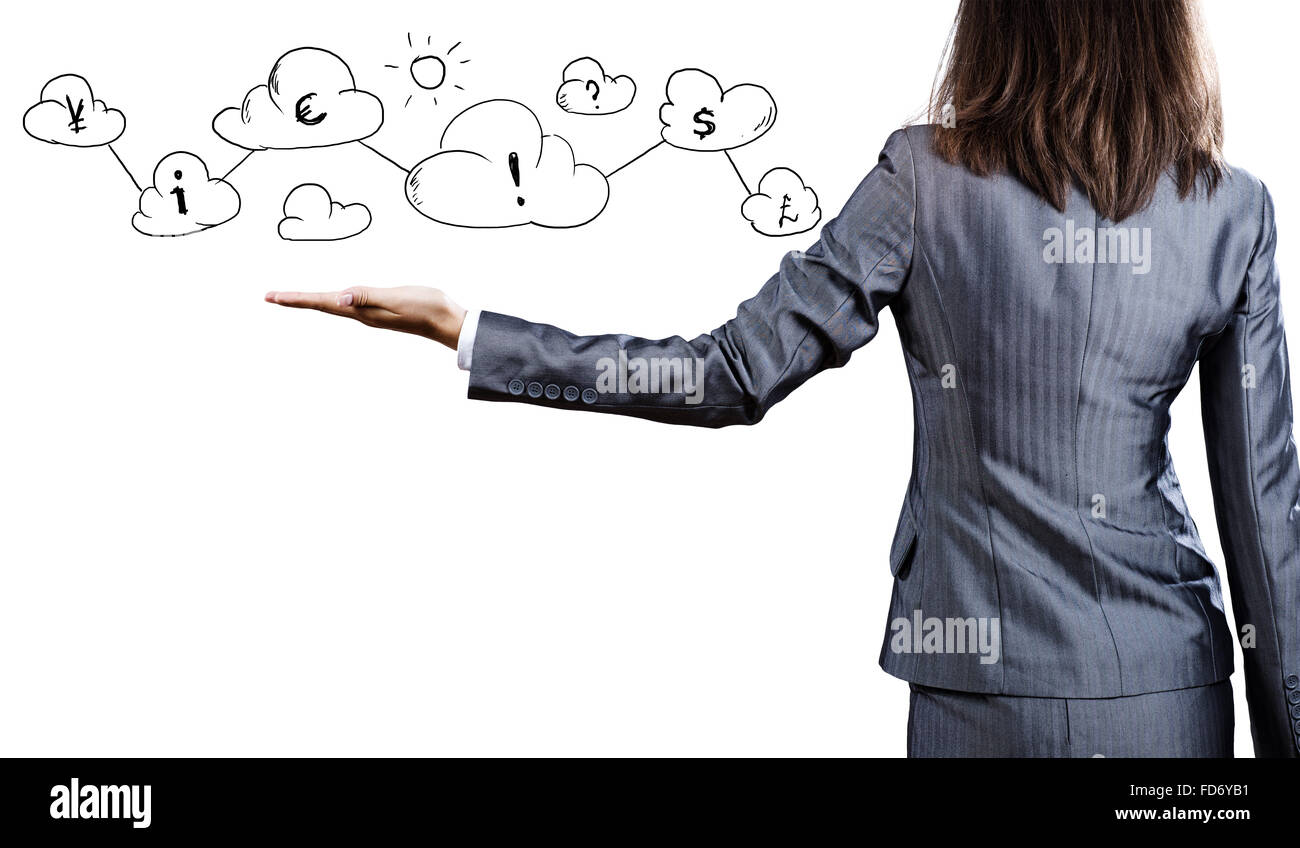 Stretta di mano imprenditore e simboli di business Foto Stock