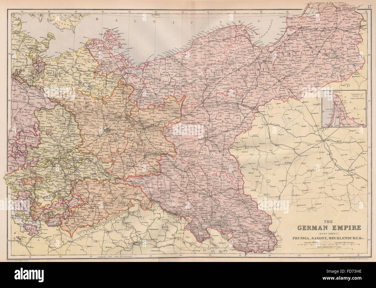 Impero tedesco est: Prussia Sassonia Mecklenburg.Polonia.Ferrovie. BLACKIE 1882 mappa Foto Stock