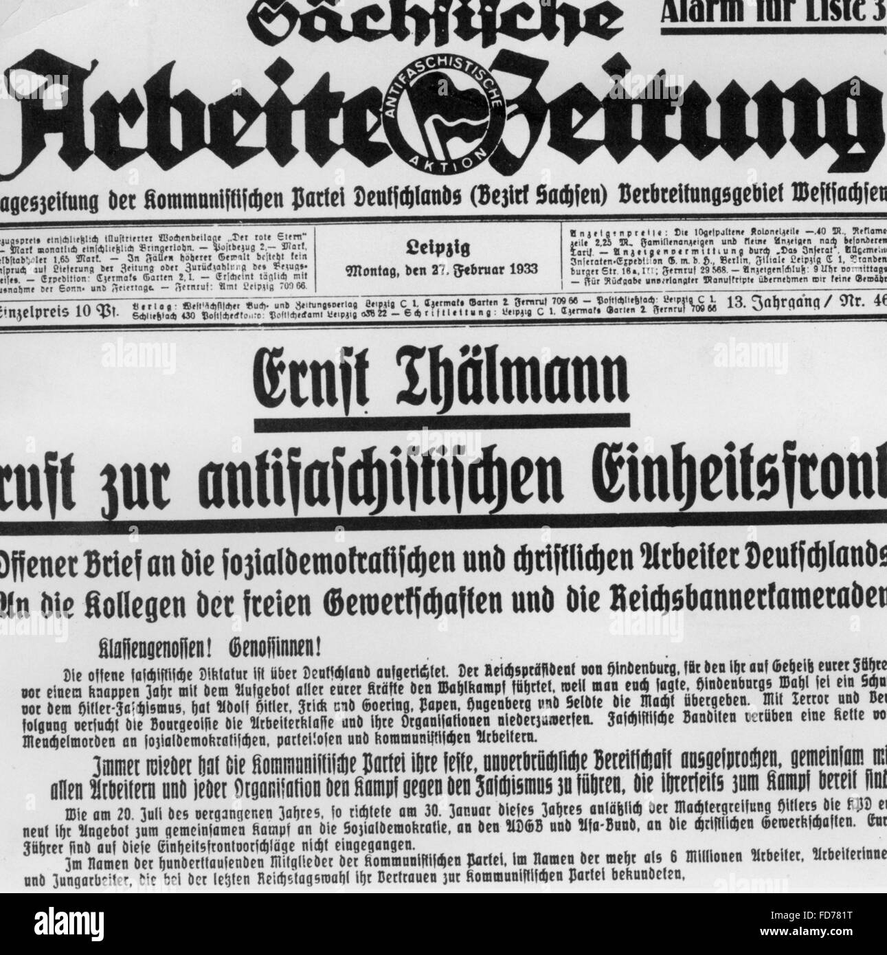 Chiamata per 'antifascista di fronte unito' nell'Arbeiterzeitung sassone, 1933 Foto Stock