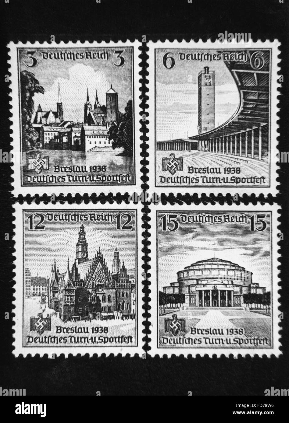 Francobolli speciali per il tedesco Ginnastica e Sport Festival di Wroclaw, 1938 Foto Stock
