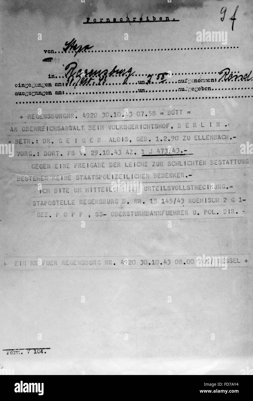 Telex per quanto riguarda l'esecuzione di Alois Geiger, 1943 Foto Stock