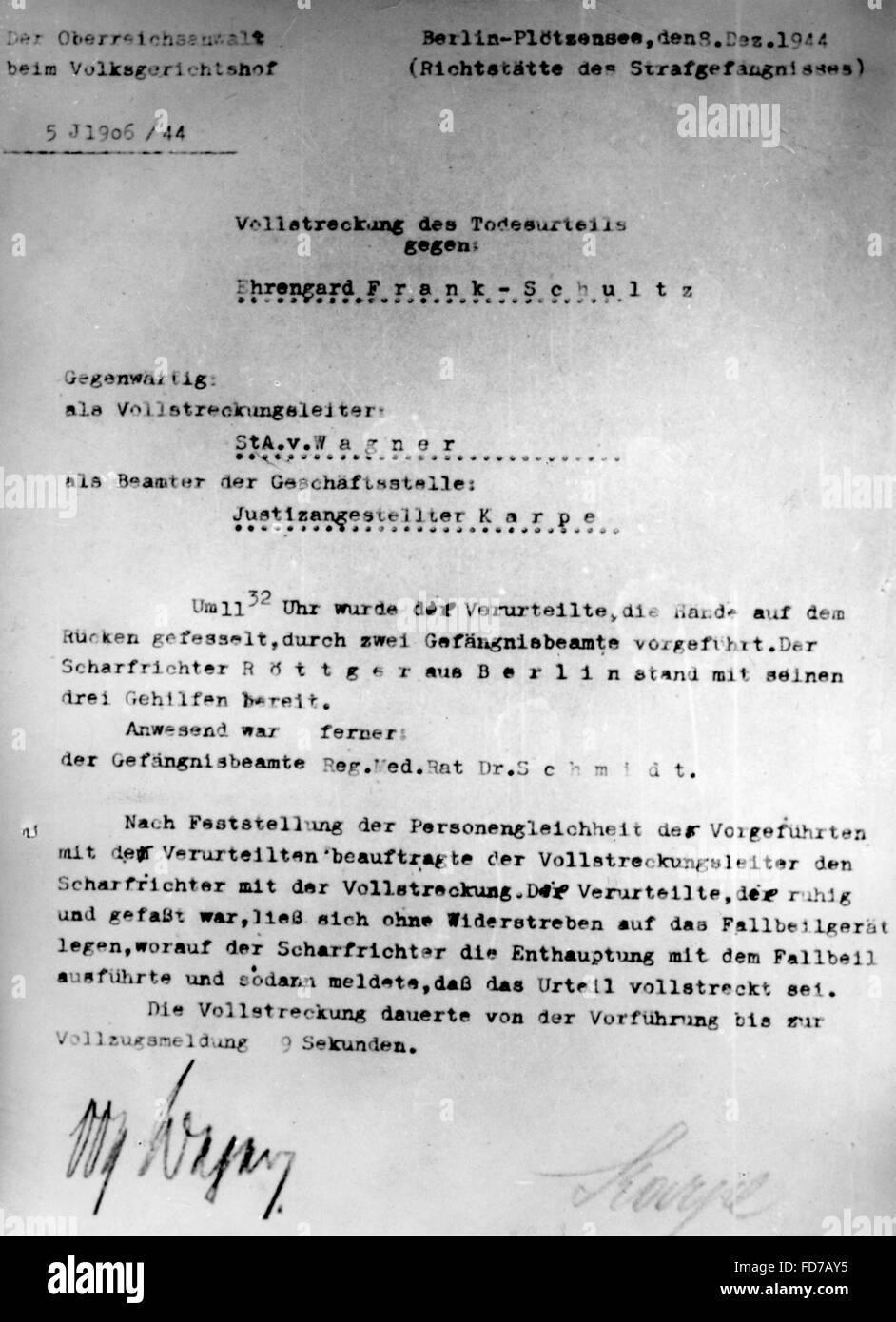 La condanna a morte contro Ehrengard Frank Schultz, 1944 Foto Stock