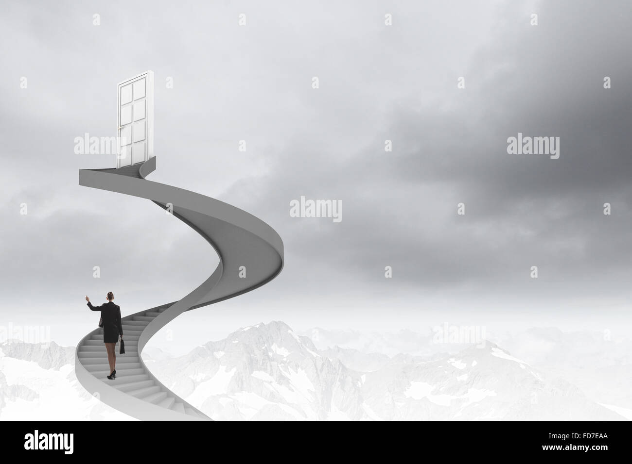 Imprenditrice a piedi fino alla scalinata porta in cielo Foto Stock