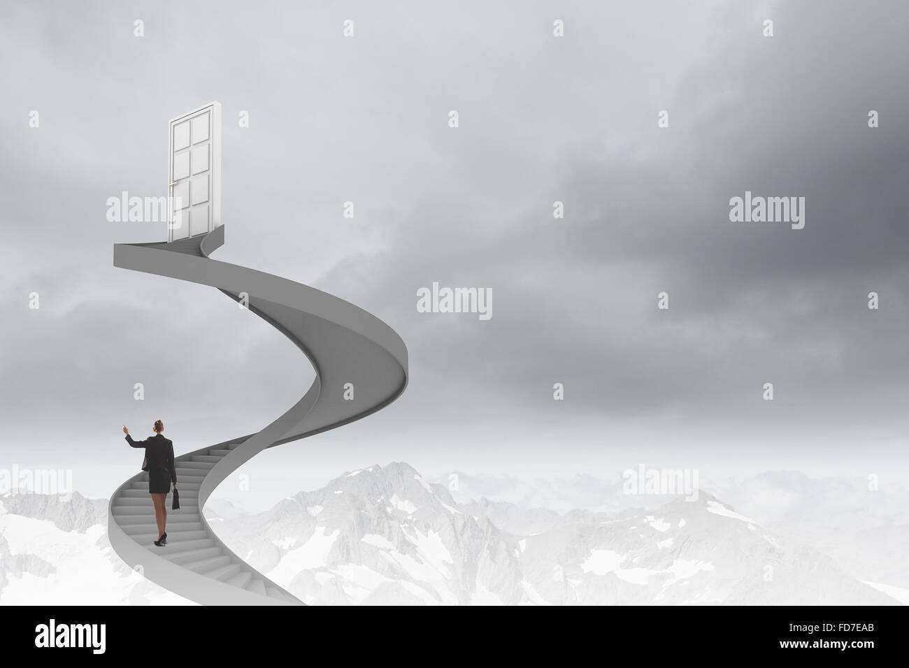 Imprenditrice a piedi fino alla scalinata porta in cielo Foto Stock