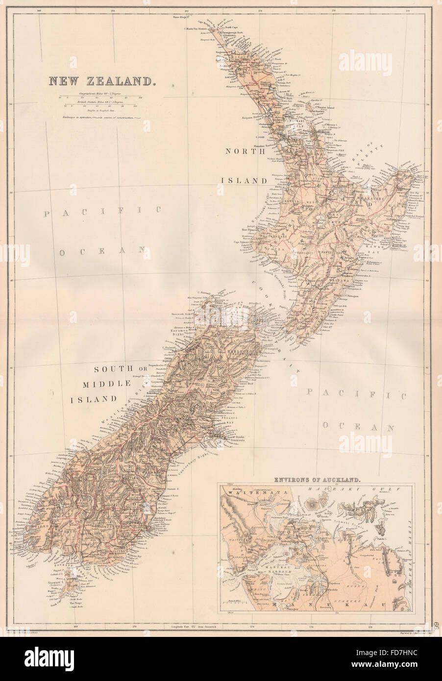 Nuova Zelanda: Contee & ferrovie. Inset dintorni di Auckland. BLACKIE, 1882 Mappa Foto Stock