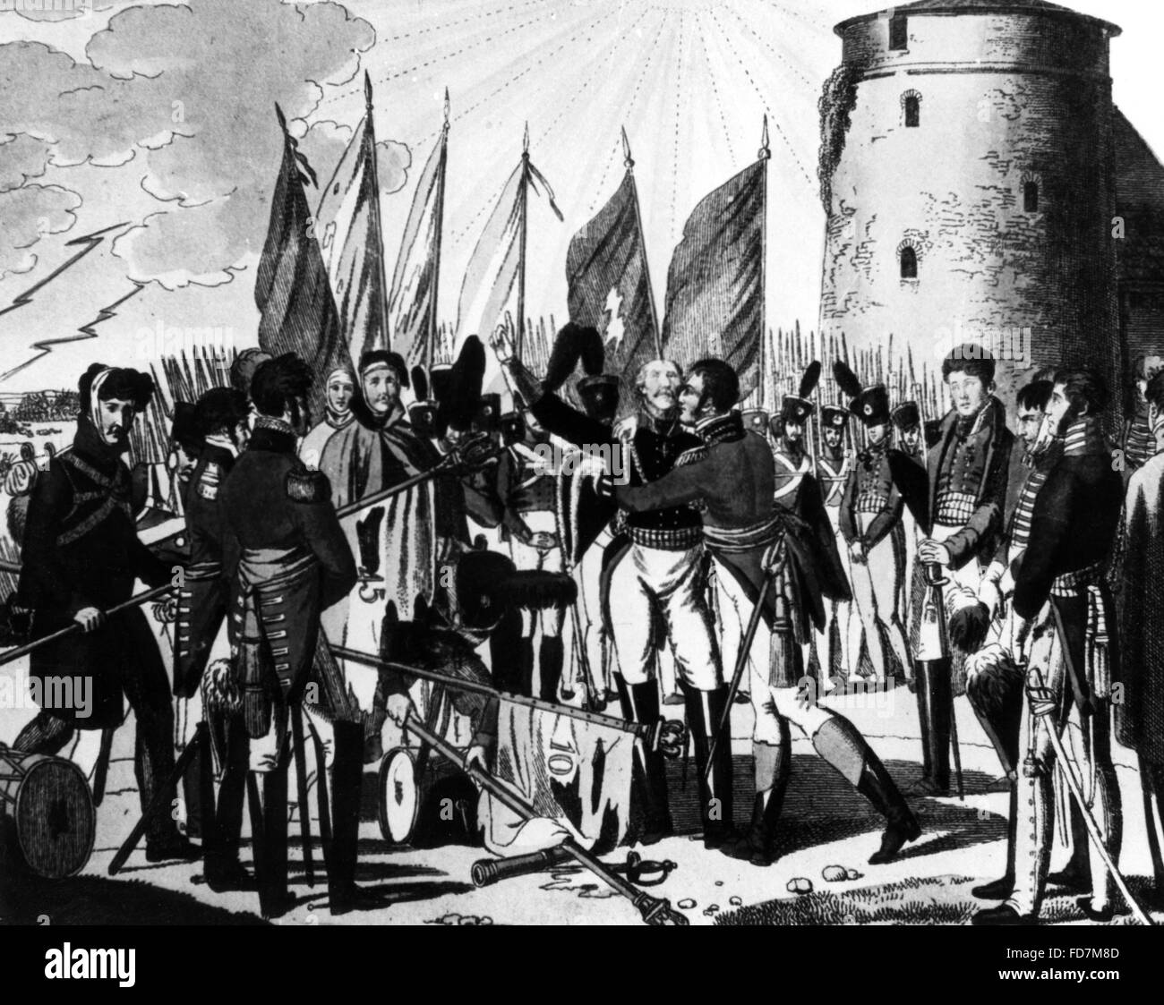 Wellington e Bluecher alla battaglia di Waterloo (Belle Alliance), 1815 Foto Stock