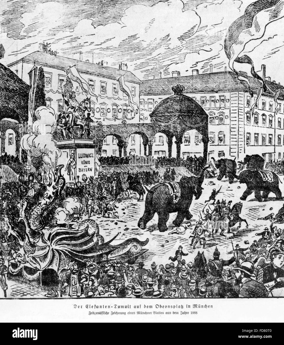 Il 'Elefanten-Tumult' su Odeonsplatz a Monaco di Baviera, 1888 Foto Stock
