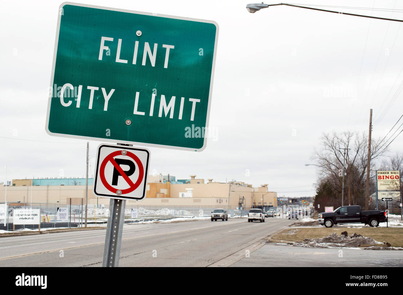 La città di pietra focaia segno Limite sulla strada. Foto Stock
