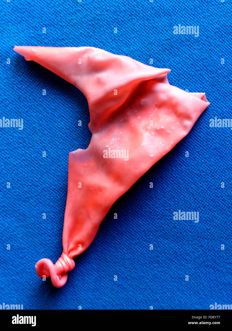 Angolo di Alta Vista di scoppiare palloncino rosa sul tessuto blu Foto  stock - Alamy