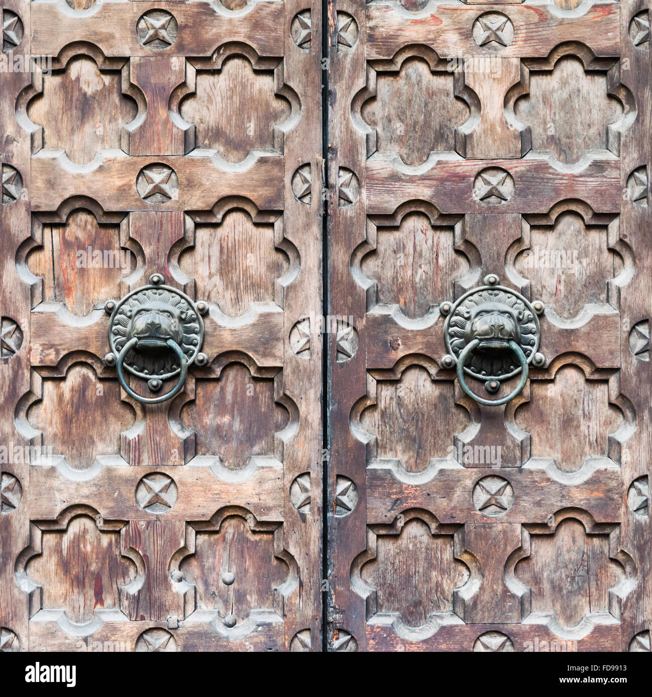Dettaglio di una porta in legno con due respingente conformata come la testa di un leone. Foto Stock