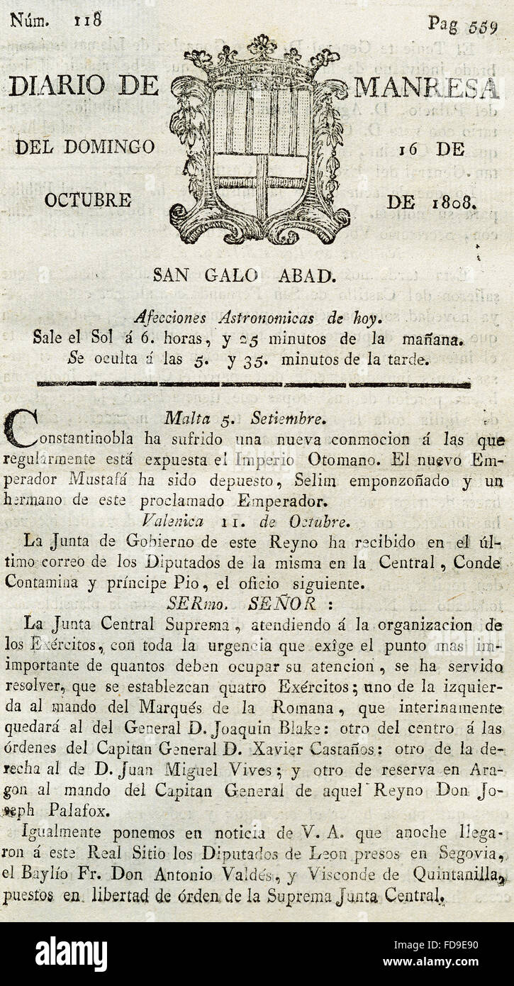 Ufficiale di Manresa. Numero 118. Pagina 559. Domenica, 16 ottobre 1808. Stampato in Manresa, Catalogna, Spagna. Foto Stock