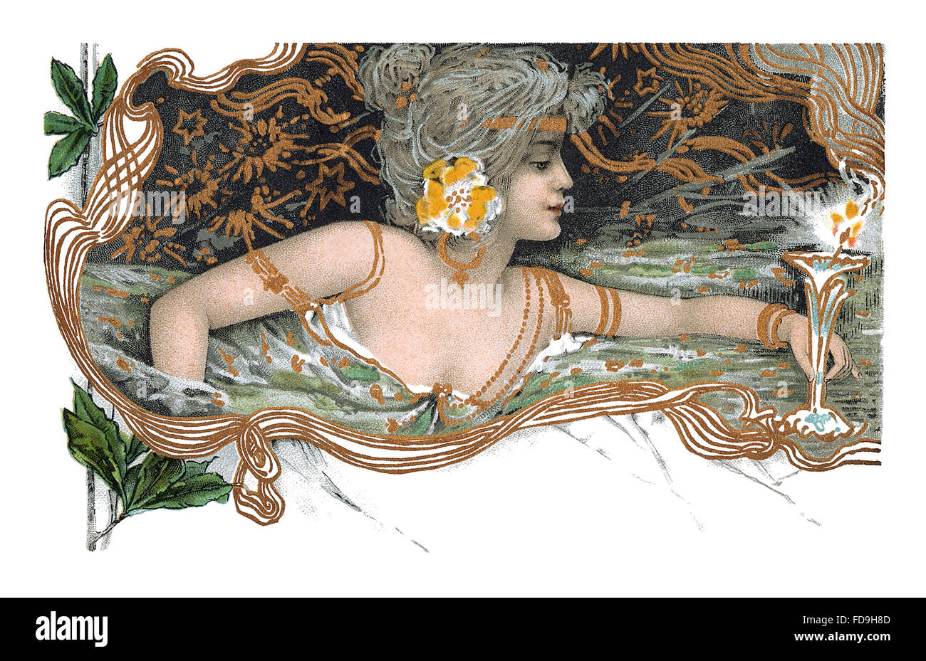 Cartolina - vintage art nouveau illustrazione di una bella signora con bicchiere di vino. Foto Stock