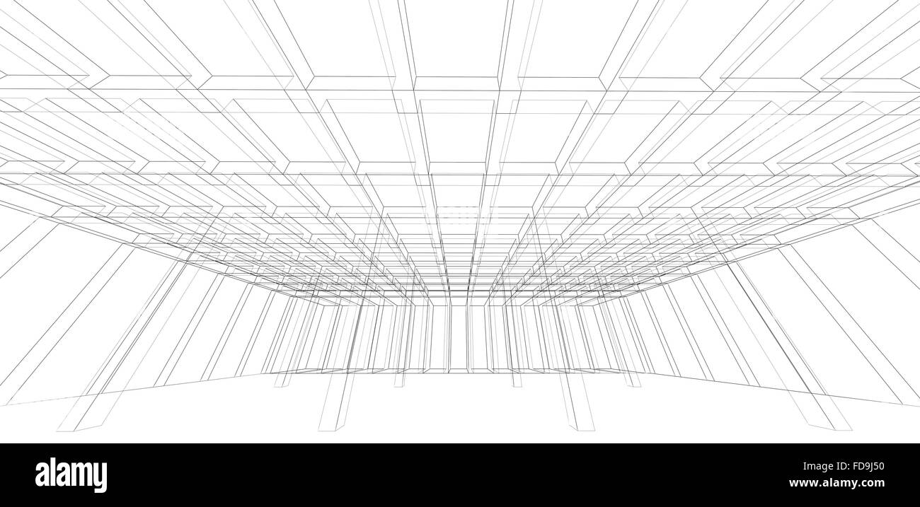 Digitale angolo ampio sfondo vuoto 3D Interni Sala Struttura, telaio di filo di linee su sfondo bianco Foto Stock