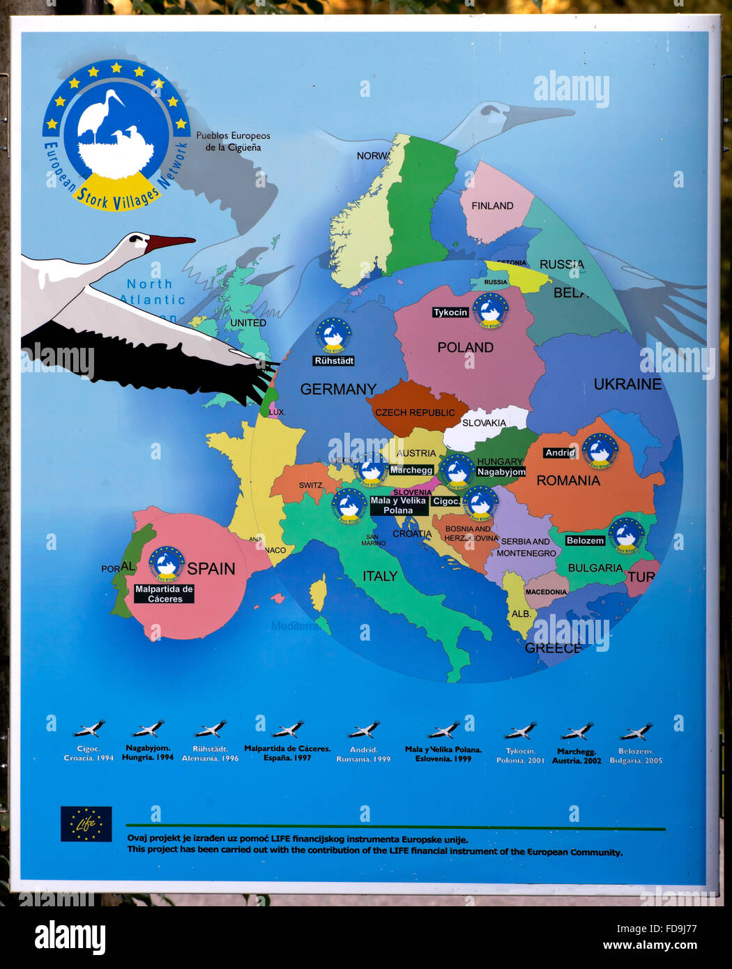 Cigoc, Croazia, Mappa di Storchendoerfer europeo la cicogna centro in Cigoc Foto Stock