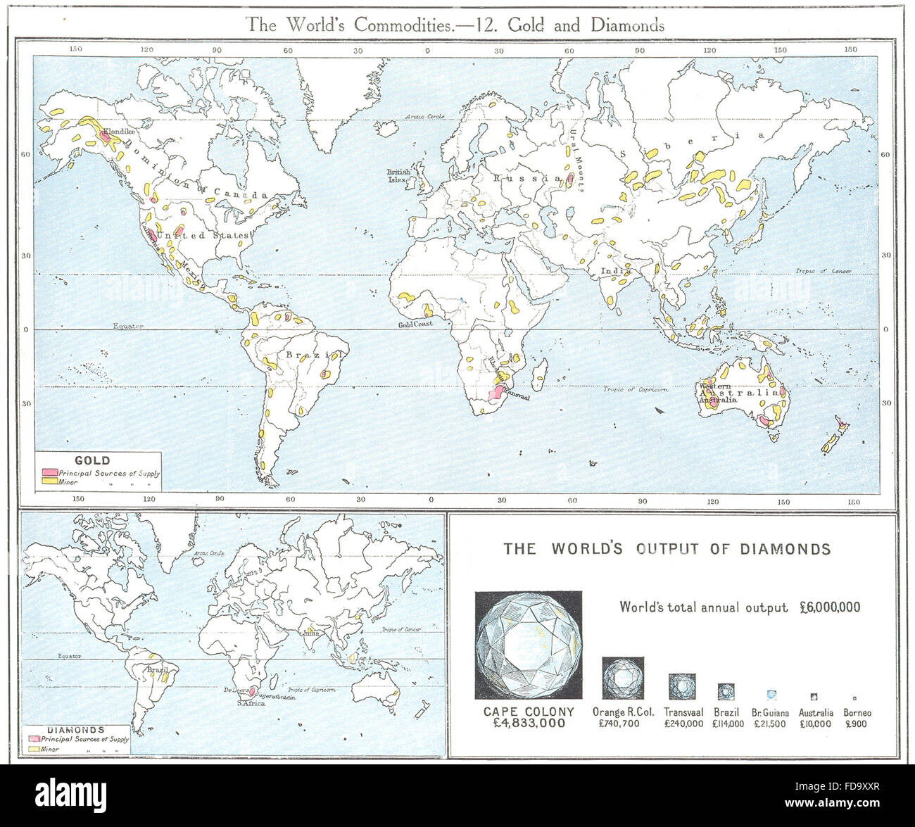 Mondo: Commodities - Fonti di oro e diamanti, 1907 Mappa antichi Foto Stock