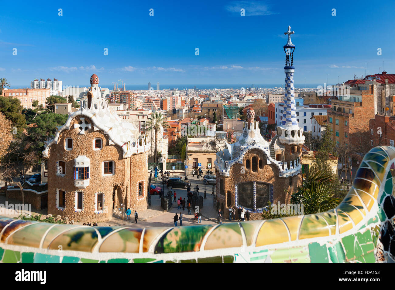 Lo skyline di Barcellona da Park Guell Foto Stock