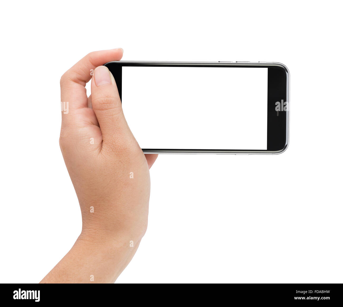Femmina lato tenendo il telefono nella schermata bianca con tracciato di ritaglio all'interno Foto Stock